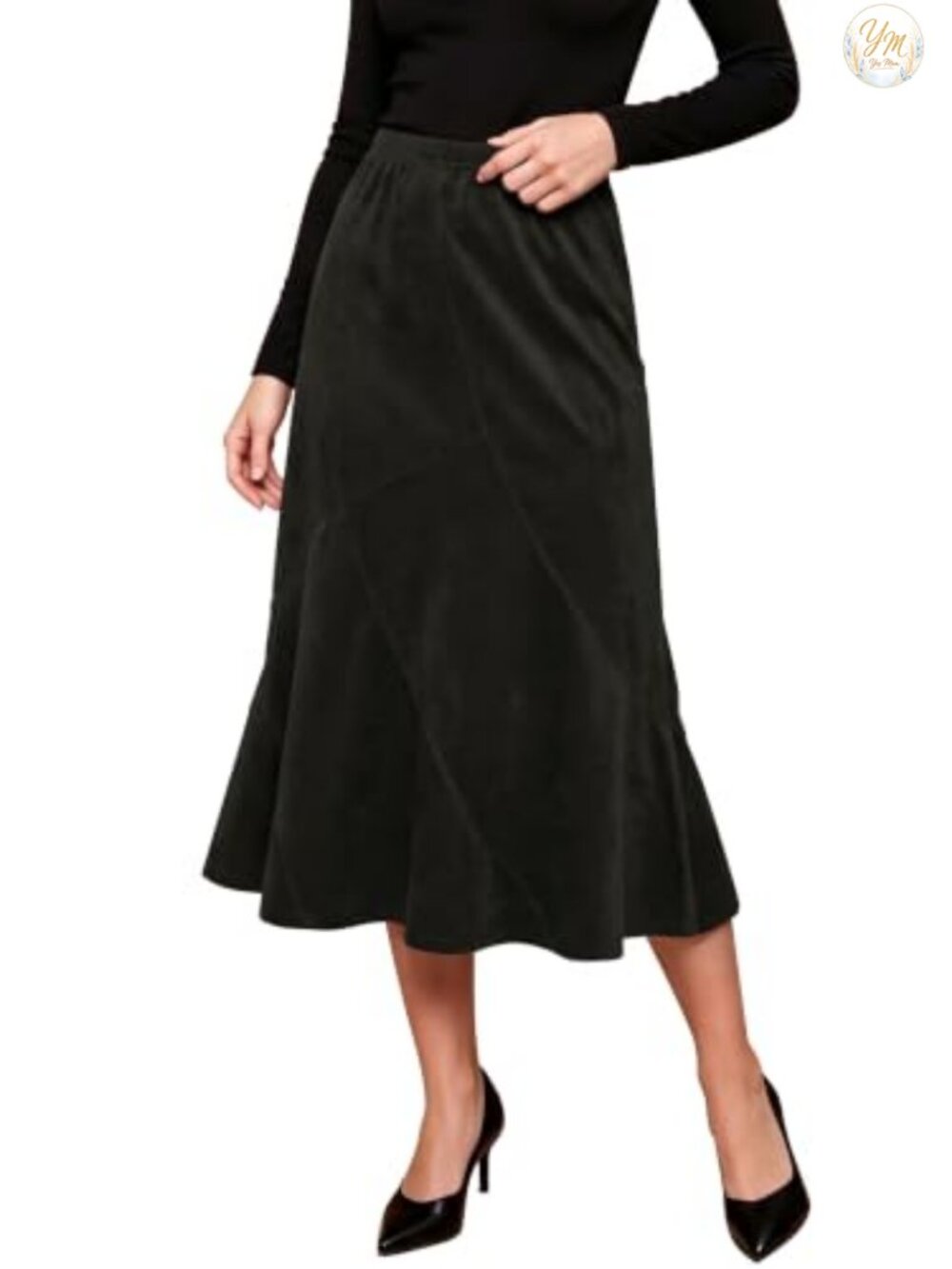 Faux Suede Midi Skirt High Waisted A-Line Pull-On Elastic Waist